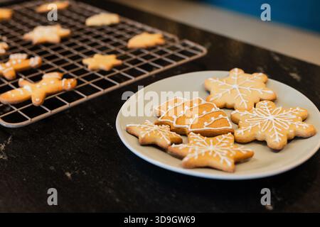 L'assiette gris clair contient des biscuits en pain d'épices glacés sur le comptoir en pierre sombre avec grille de refroidissement Banque D'Images