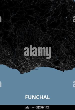 Carte de Funchal, avec un rendu sombre, presque noir, de la masse continentale avec des lignes blanches complexes délimitant les routes, les rivières Illustration de Vecteur