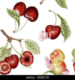 Motif aquarelle sans couture avec cerises rouges et jaunes mûres, feuilles vertes et fleurs de cerisier rose doux. Illustration pour le tissu, l'emballage, le décor de cuisine et les conceptions de nourriture d'été. Banque D'Images