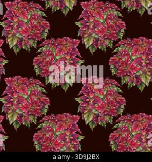 Illustration aquarelle de fleurs poinsettia rouge vif avec motif sans couture de feuilles vertes dans un style réaliste classique. Pour les cartes de Noël emballage textile de vacances design et décor saisonnier. Banque D'Images