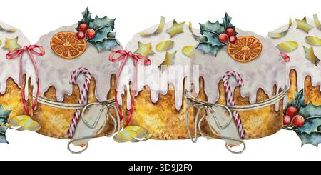 Bordure aquarelle sans couture avec gâteaux panettone italiens avec glaçage blanc tranches d'orange séchées houx, rubans étoiles et cannes en bonbons. pour l'emballage des textiles de menus et des fêtes d'hiver. Banque D'Images