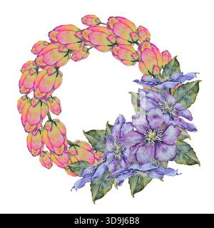 Couronne d'aquarelle faite de bourgeons de lotus et clématites violettes avec des feuilles vertes. Parfait pour l'emballage, l'impression, les conceptions de mariage, les invitations, les bannières et la floraison d'été. Banque D'Images