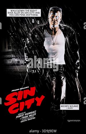 Sin City (2005) réalisé par Robert Rodriguez, Frank Miller et Quentin Tarantino et mettant en vedette Mickey Rourke dans le rôle de Marv, une brute cicatricielle qui sévit à travers Basin City dans une violente quête pour venger le meurtre de la seule femme qui lui ait jamais montré de la gentillesse. Photographie d'une affiche originale de 2005 personnages américains À USAGE ÉDITORIAL EXCLUSIF. Crédit : BFA / dimension films Banque D'Images