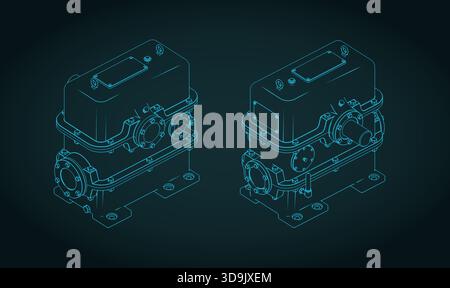 Boîte de vitesses à vis sans fin à deux étages isometrivc Blueprints illustration vectorielle stylisée Illustration de Vecteur