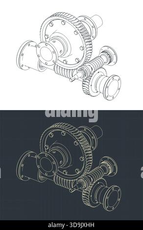 Mécanisme de boîte de vitesses à vis sans fin à deux étages et structure isometrivc dessins illustrations vectorielles stylisées Illustration de Vecteur
