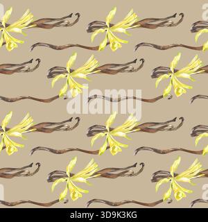 Vanille épices bâtons gousse avec fleurs d'orchidée jaune motif aquarelle sans couture sur fond beige.ingrédient aromatique de nourriture de pâtisserie, cosmétique organique Banque D'Images