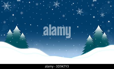 Paysage enneigé avec des pins et des flocons de neige tombant dans le fond d'Une nuit d'hiver Illustration de Vecteur