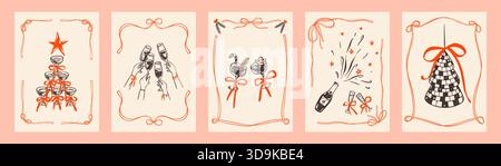 Ensemble d'affiches Joyeux Noël et bonne année, cartes de voeux, couvertures, invitations. Dessins fantaisistes dessinés à la main. Bouteille de champagne éclatante Illustration de Vecteur