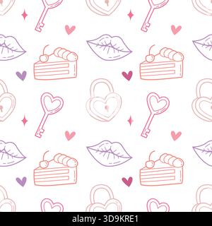Seamte Love Doodle Pattern avec serrures, clés, lèvres et icônes de gâteau Illustration de Vecteur