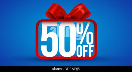 Bannière vibrante de réduction de 50 avec un noeud cadeau rouge brillant. Parfait pour les ventes et les promotions. Illustration vectorielle Illustration de Vecteur