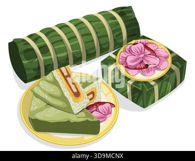 bánh Tét (cylindrique) et Bánh Chưng (carré) gâteaux de riz collants servis avec Dưa Hành (oignons marinés). Têt du nouvel an lunaire vietnamien traditionnel Illustration de Vecteur