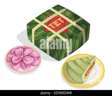 Illustration vectorielle de nourriture du nouvel an lunaire vietnamien (TET). Assiette de Banh Chung (gâteau carré de riz collant) accompagné d'oignons marinés Dưa Hành Illustration de Vecteur
