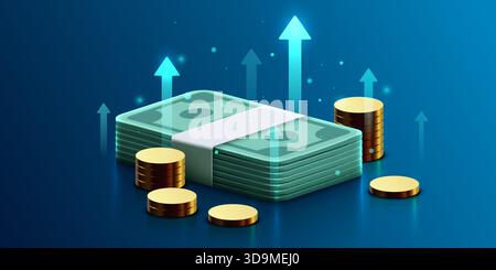 Concept de croissance financière dynamique avec une pile de billets de banque et de pièces d'or avec des flèches vers le haut. Illustration vectorielle. Illustration de Vecteur