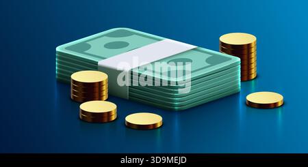 Pile isométrique de billets d'argent et de pièces d'or sur fond bleu, symbolisant la richesse et les opérations bancaires. Illustration vectorielle. Illustration de Vecteur