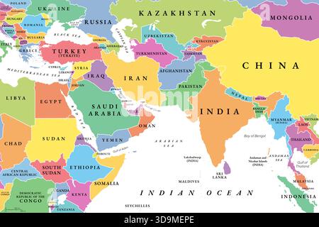 Asie de l'Ouest et Asie du Sud, carte politique multicolore avec les pays et les frontières internationales. Banque D'Images