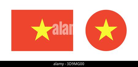 Drapeau du Vietnam. Ensemble d'icônes de rectangle de drapeau et de cercle. Drapeau national du Vietnam rectangulaire, badges ronds. Couleurs standard. Illustration de Vecteur