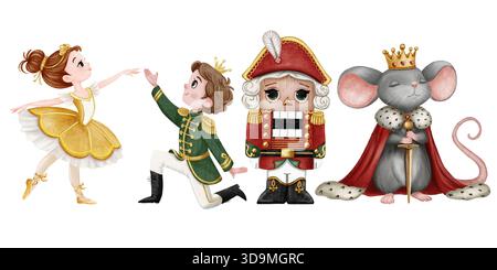 Un ensemble mignon de clipart aquarelle : une ballerine, un prince, le roi de la souris, et le casse-noisette. Parfait pour les cartes de Noël, autocollants, scrapbooking Banque D'Images