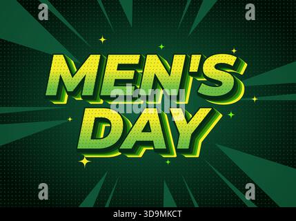 Un design graphique vibrant avec le texte Mens Day dans un style 3D audacieux avec un schéma de couleurs vertes et des éléments d'arrière-plan dynamiques. Illustration de Vecteur