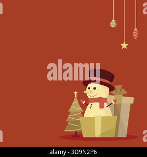 Fond d'illustration plat de Noël avec espace de copie pour le texte mettant en vedette un bonhomme de neige mignon à l'intérieur d'une boîte cadeau portant un chapeau haut de gamme. Illustration de Vecteur