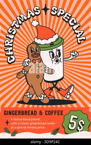 Affiche groovy spéciale de Noël avec tasse à café de dessin animé rétro et personnage de pain d'épice dans un style festif. Offre de café de Noël parfaite pour les saisons Illustration de Vecteur