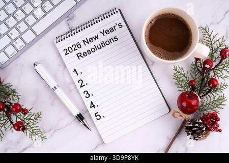 Liste des résolutions du nouvel an 2026 sur Notepad New Year concept Banque D'Images