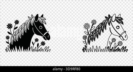 Tête de cheval avec Silhouette de fleurs et Line Art, illustration vectorielle Illustration de Vecteur