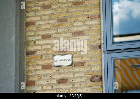 Un panneau métallique portant le mot GULDSMEDEN est fixé à un mur de briques jaune beige. À côté du panneau, une partie d'une fenêtre encadrée en bois est visible, ajoutant co Banque D'Images