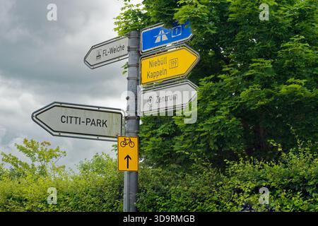 Un poteau de circulation montre des flèches vers l'autoroute 7 vers Niebull et Kapelln sur la route 199 et vers Zentrum. Des panneaux à gauche mènent à Flensburg Weiche et Citti P. Banque D'Images