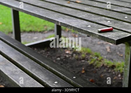 Une vue rapprochée d'une table de pique-nique en bois altérée avec un briquet rouge reposant sur l'un des bancs. L'arrière-plan présente de l'herbe verte et un PA de saleté Banque D'Images