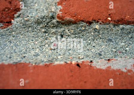 Vue rapprochée d'une surface texturée avec briques rouges et mortier gris, mettant en évidence le contraste entre les matériaux. Banque D'Images