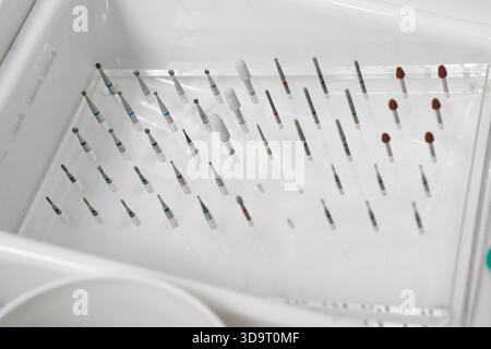Vue rapprochée d'un porte-outil dentaire propre et organisé avec divers instruments dentaires disposés verticalement dans un plateau. Les instruments varient en taille A. Banque D'Images