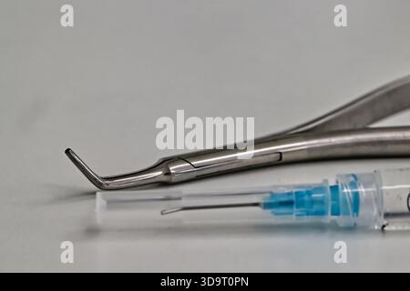 L'invention concerne un gros plan d'outils dentaires comprenant un instrument dentaire incurvé et une seringue avec une aiguille, placée sur une surface légère. Banque D'Images