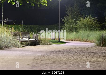 Un parc nocturne serein avec des bancs vides le long d'un chemin sinueux entouré d'herbes hautes et d'arbres. Un éclairage tamisé améliore la tranquillité du guichet automatique Banque D'Images