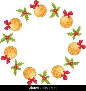 couronne de noël festive avec feuilles de houx et boules de noël. Illustration de Vecteur