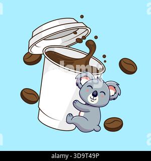 Mignon Koala embrassant une tasse de café géante avec des haricots éclaboussures illustration vectorielle dessin animé Kawaii Illustration de Vecteur
