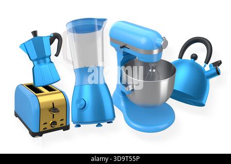 Collection d'appareils de cuisine, y compris mélangeur, grille-pain, mélangeur, pot de moka et bouilloire isolé sur fond blanc. Banque D'Images