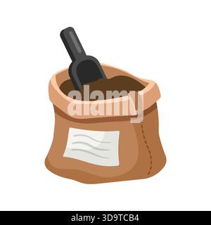 Café dans un sac avec pelle. Sac avec grains de café, poudre de cacao. Balle de grains de café dans le style de bande dessinée, illustration vectorielle. Illustration vectorielle isolée sur fond blanc. Illustration de Vecteur
