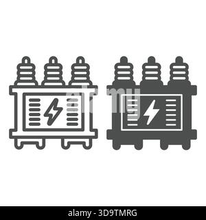 Ligne de boîte de transformateur haute tension et icône solide, concept de service d'électricien. Graphiques vectoriels. Sécurité électrique, signe de foudre sur fond blanc, Illustration de Vecteur