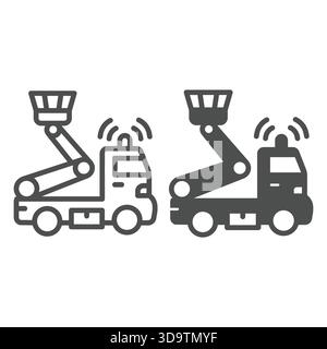 Camion avec panier de grue et ligne de sirène et icône solide, concept de service électrique. Graphiques vectoriels. Véhicule grue pour soulever l'enseigne sur la grotte arrière blanche Illustration de Vecteur