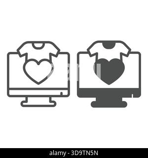 Écran de moniteur avec coeur et ligne de chemise et icône solide, concept de vendredi noir. Graphiques vectoriels. Page préférée, meilleur signe de vente de vêtements sur backgro blanc Illustration de Vecteur