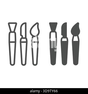 Scoop outil et pinceaux ligne et icône solide, concept de fabrication de poterie. Graphiques vectoriels. Ensemble d'outils pour travailler avec le signe d'argile sur fond blanc, outl Illustration de Vecteur