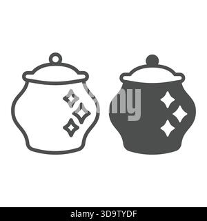 Pot laqué avec ligne de couvercle et icône solide, concept de fabrication de poterie. Graphiques vectoriels. Pot en céramique poli, signe de produit fragile sur fond blanc, o Illustration de Vecteur