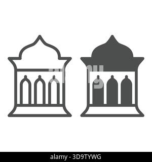 Ligne de mosquée musulmane et icône solide, concept d'architecture islamique. Graphiques vectoriels. Bâtiment de prières, signe de religion sur fond blanc, contour style i. Illustration de Vecteur