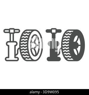 Pompe manuelle et ligne de roue et icône solide, concept de montage des pneus. Graphiques vectoriels. Gonfleur d'air de pneu de voiture, signe de service de voiture sur fond blanc, outlin Illustration de Vecteur