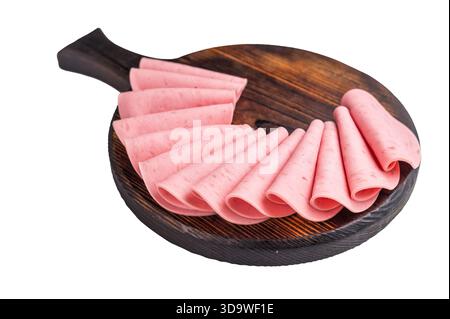 Les tranches d'ologna ou de Mortadella sont pliées en éventail et magnifiquement disposées sur une planche à découper en bois sombre et rustique Banque D'Images