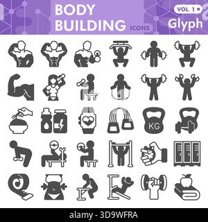 Collection ou croquis de symboles de construction de corps, thème d'hommes forts dans des signes de style glyphe pour le web et l'application. Graphiques vectoriels isolés sur fond blanc Illustration de Vecteur