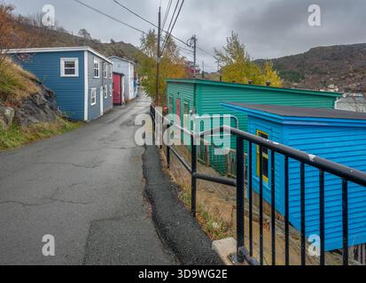 Rue étroite avec des bâtiments historiques dans le quartier historique de Saint John’s, Terre-Neuve-et-Labrador, Canada Banque D'Images