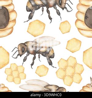 Aquarelle peinte à la main Bee Pattern, papier de répétition d'insectes Banque D'Images