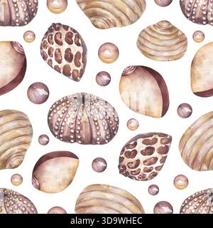 Coquilles peintes à la main à l'aquarelle sans couture, papier de répétition de coquilles océaniques Banque D'Images