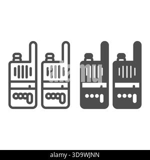 Deux radios talkie walkie ligne et icône solide, concept de la force de police. Graphiques vectoriels. Paire d'appareils radio de poche, signe de communication sur fond blanc Illustration de Vecteur